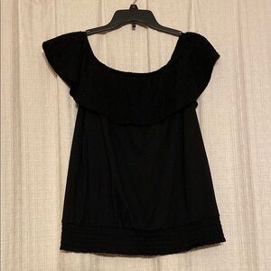 Elegant Black Women's Scooped Neck Eyelet Top with Gathered Waistband Size Large